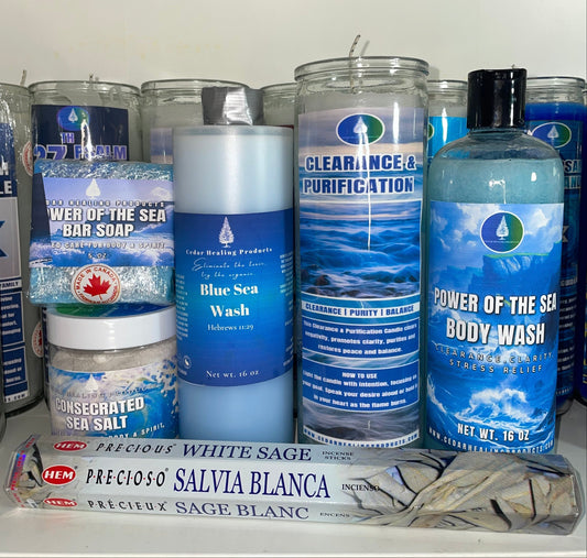 A shelf display of various blue-themed cleansing and body wash products from Blue Sea Products, including Blue Sea Wash, Power of the Sea Body Wash, and Clearance & Purification candle, alongside a package of Precioso Salvia Blanca toothpaste.