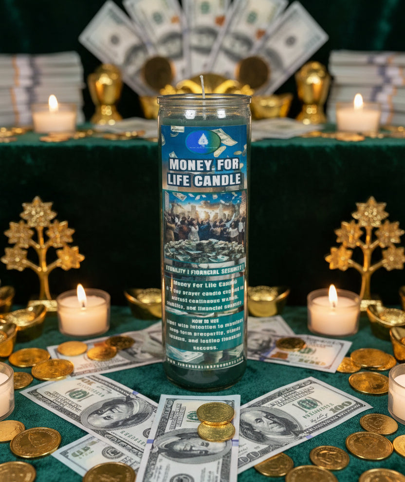 A tall glass jar candle labeled 'Money, For Life Candle' with a blue label and white wick, standing in front of other similar candles on a white surface.