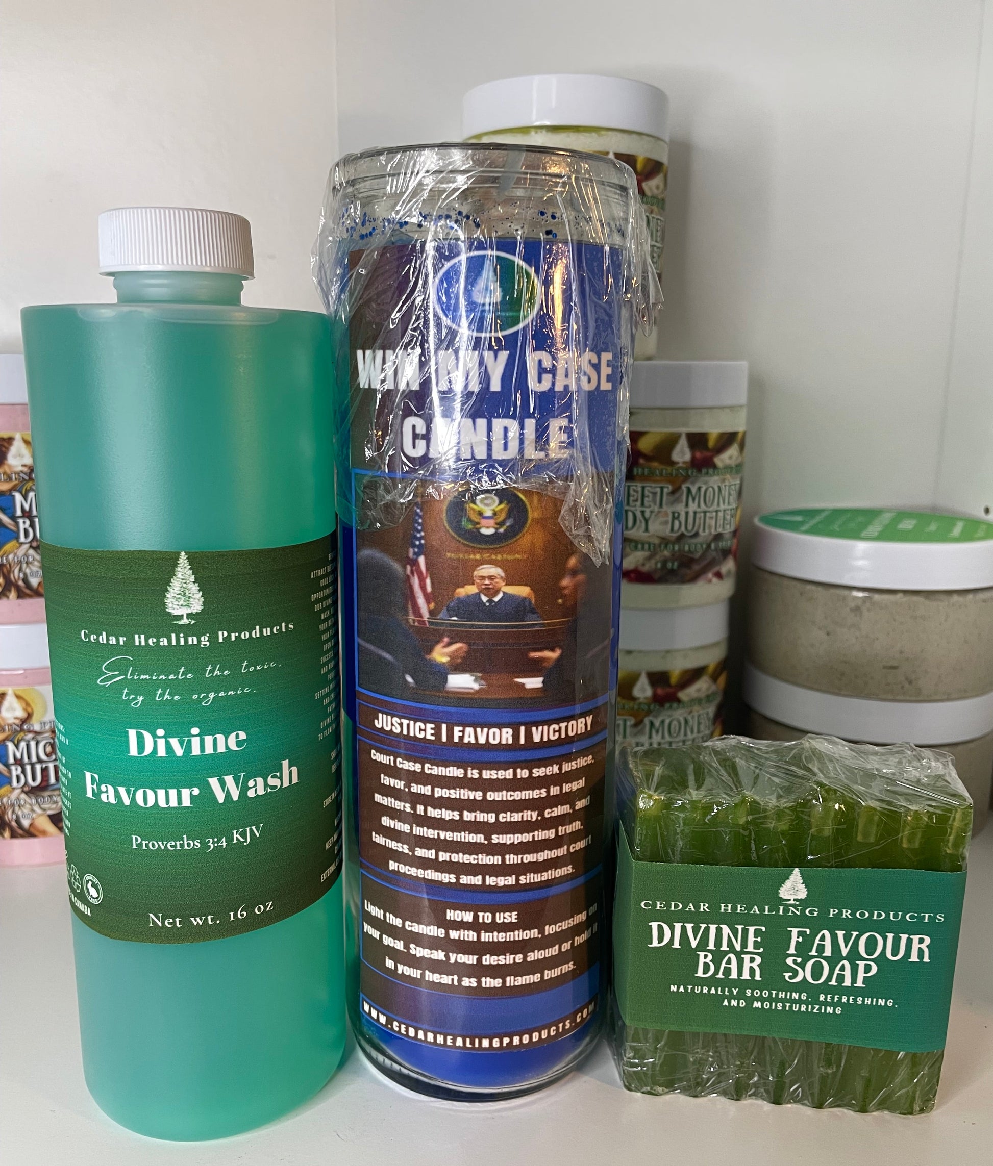 Collection of skincare products including bottles and bars on a white surface