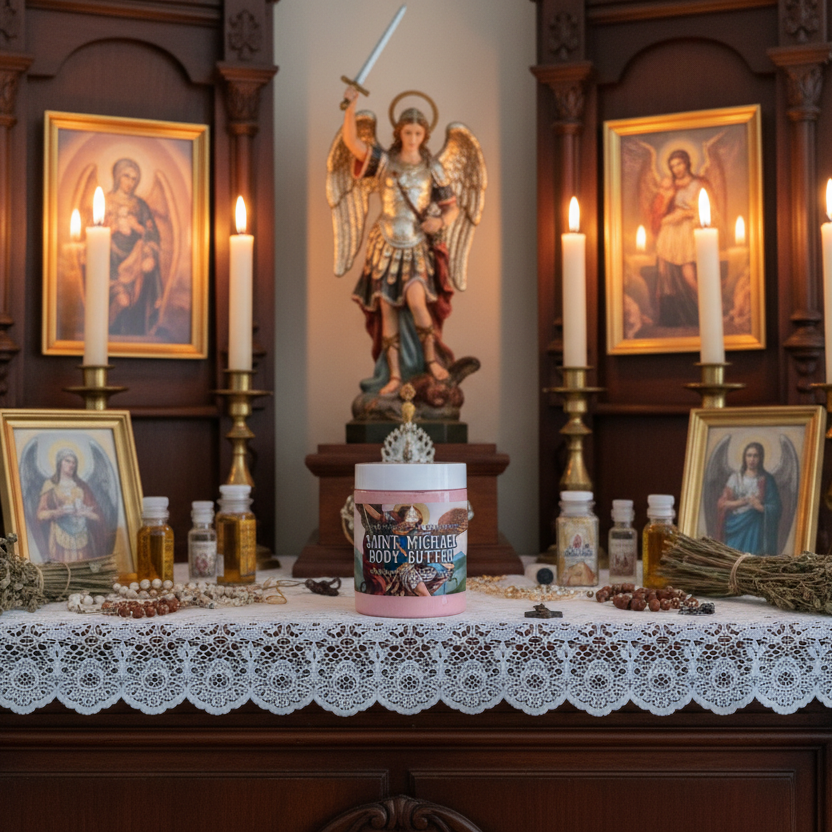 Altar with religious statues, candles, and framed pictures in a room.