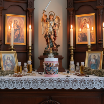 Altar with religious statues, candles, and framed pictures in a room.