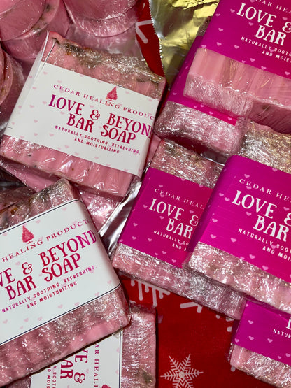 Cedar Healing Products Love & Beyond Bar Soap packaging on a red background