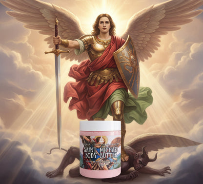 Jar of Saint Michael Body Butter on a surface with a blurred background