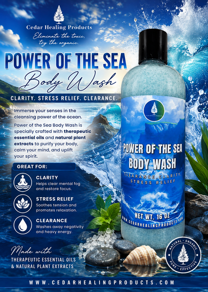 A bottle of Cedar Healing Products Power of the Sea Body Wash is shown against a dramatic ocean splash background. The product is a light blue liquid in a clear bottle with a black cap and a blue label.